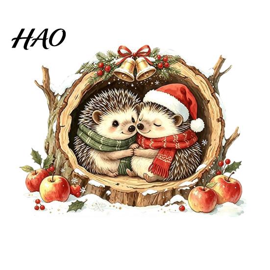 Waterproof Holiday Glass Decor Watercolor Christmas Hedgehog Static Window Cling, Cozy Tree Hole Winter Atmosphere Scenes Sticker, No?Glue