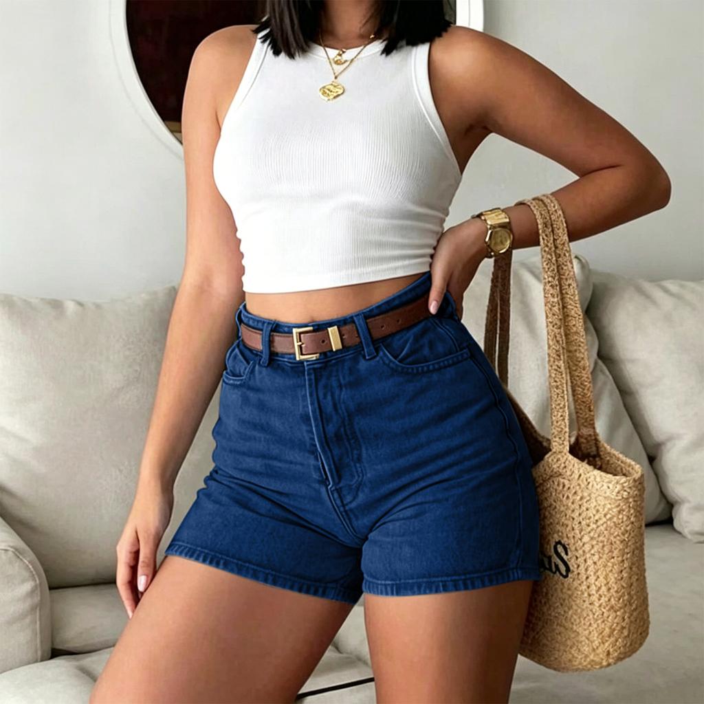 Women High Waist Vintage Denim Shorts Slim Fit Casual Hot Pants with Belt for Summer Everyday Wear