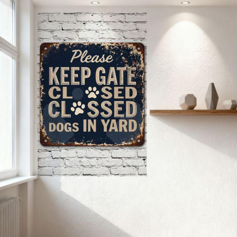 Vintage Metal Sign 'Please Keep Gate Closed Dogs In Yard' Rustic Distressed Wall Plaque for Garden Yard Home Decor Hanging Art