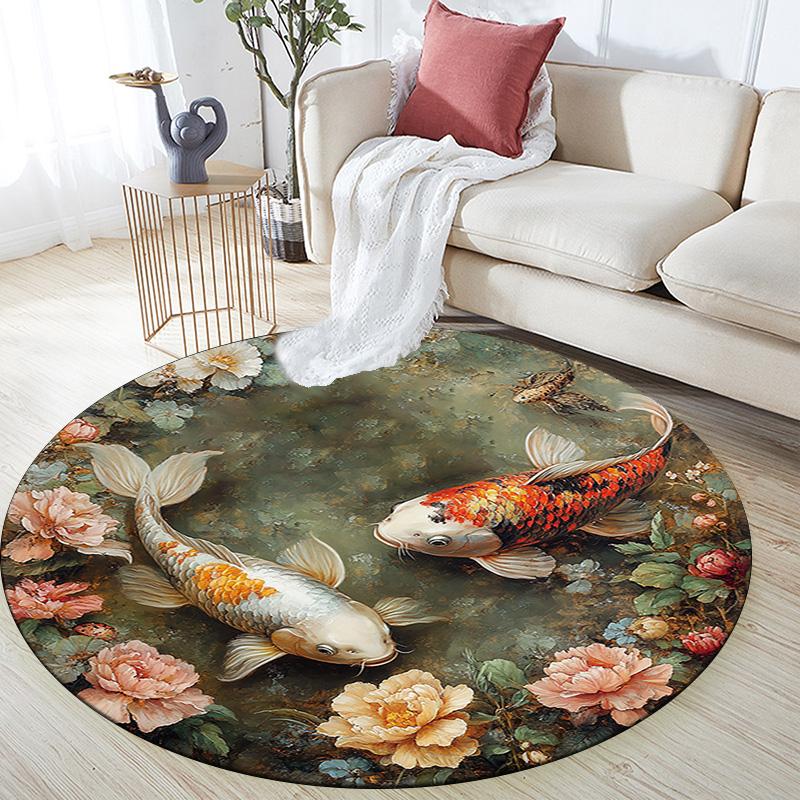 Koi Fish Round Area Rug,Carpet Rug for Living Room Bedroom Sofa Playroom Decor,Non-slip Floor Mat