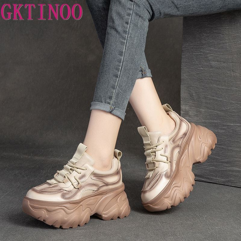 Fashion GKTINOO Lace-up Shoes Women Sneakers Genuine Leather Mixed Colors 2025 New Handmade Comfortable Retro Platform Sneakers