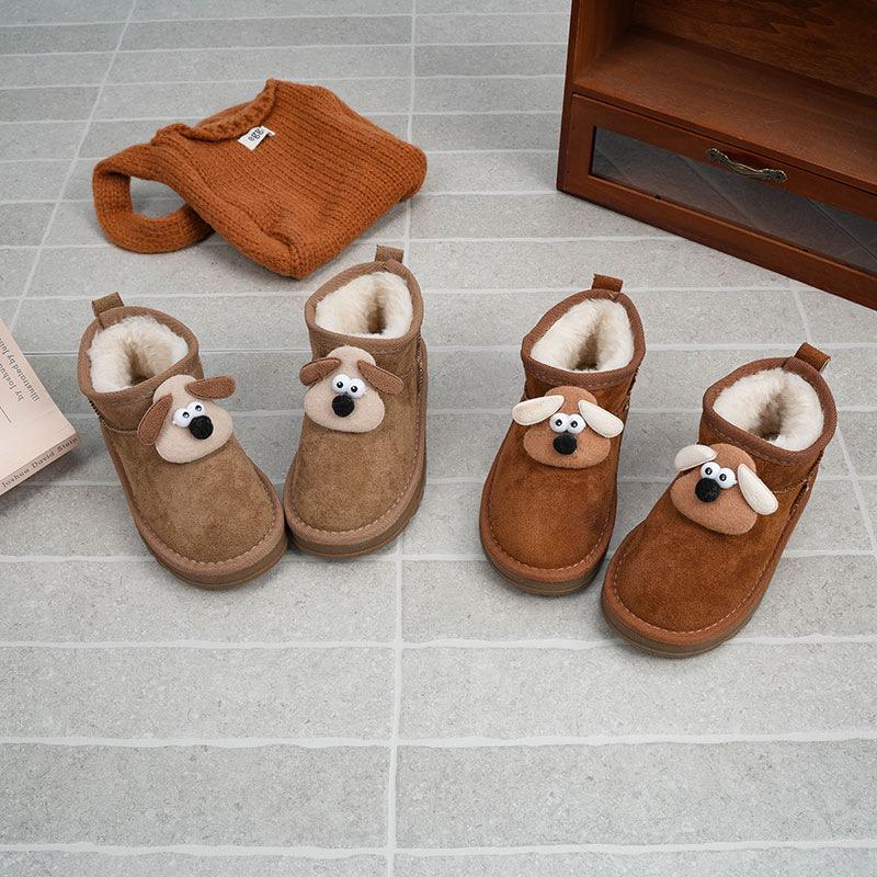 Children's Non-Slip Leather Snow Boots with Plush Lining and Cartoon Doll Decor