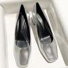 Temperament retro silver thick heel square head high heels women's 2025 new soft leather soft sole commuter shoes are not tired
