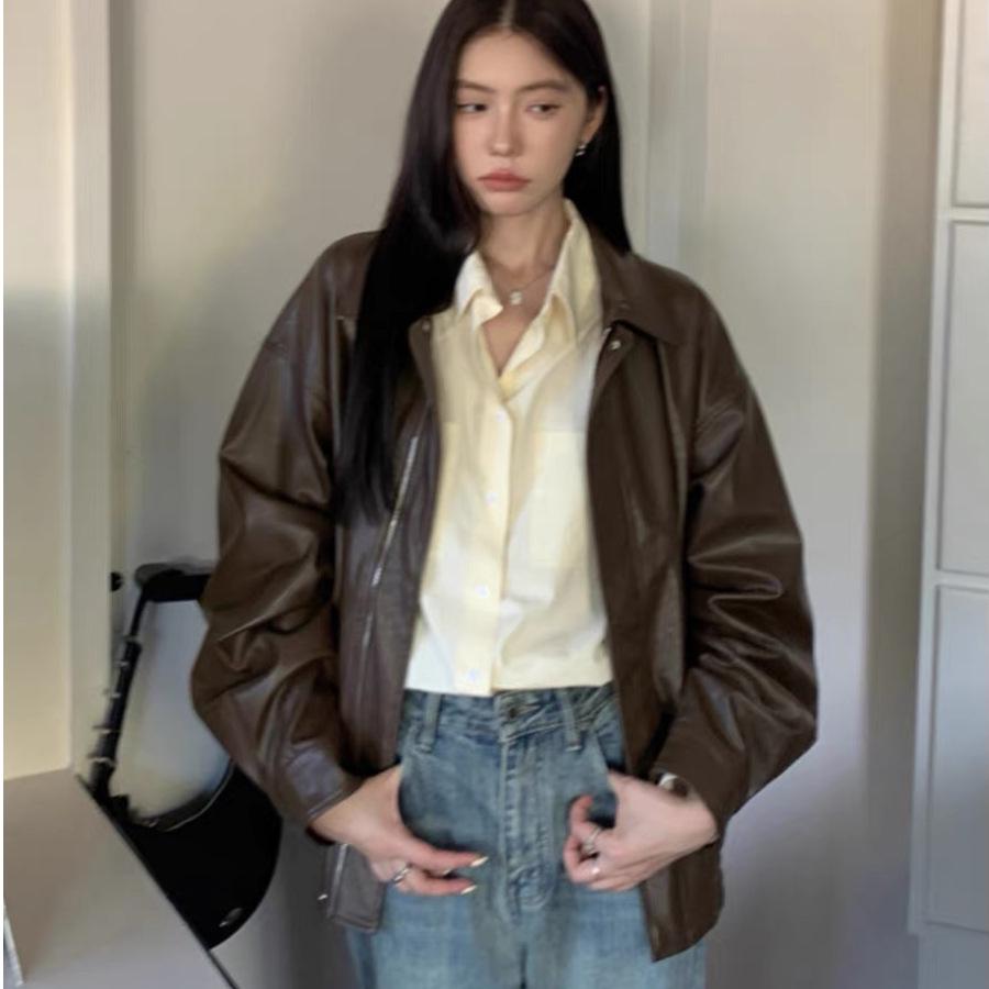 Veste de moto rétro américaine en cuir marron pour femme, style coréen d'automne, coupe droite noire