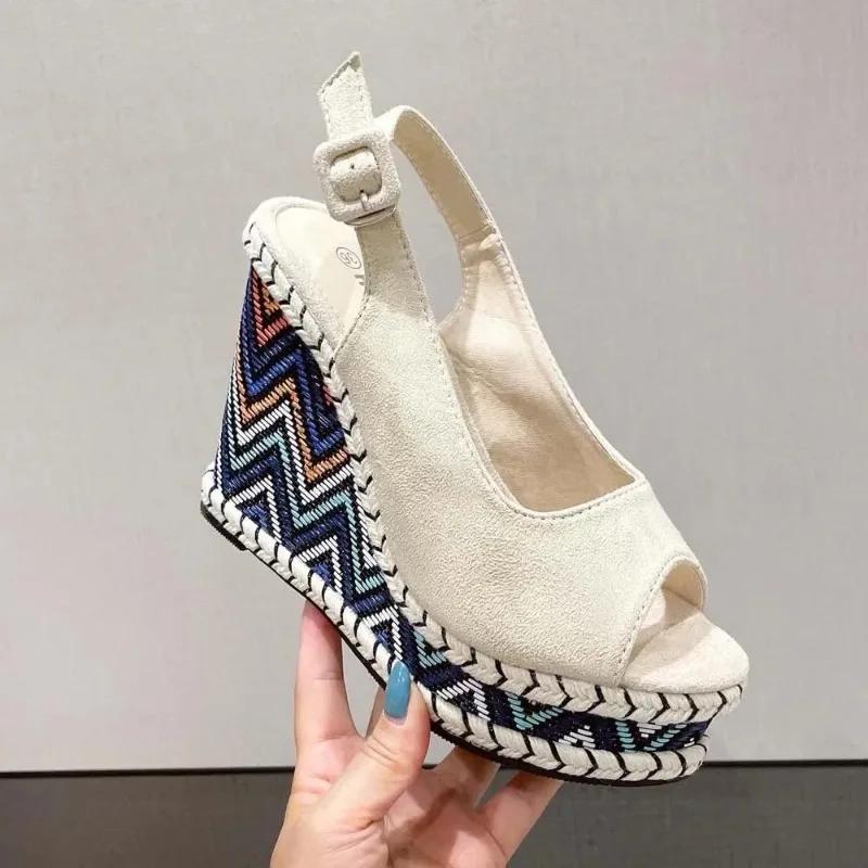 Fashion Sexy Peep Toe Wedge Sandals for Women Summer Fashion Platform High Quality Flock Buckle Strap Chunky Shoes Sandalias