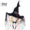 Festive Party Fancy Dress Halloween Witch Hat for Women, Gothic Spider Web Mesh Skeleton Hand Theater Stage Performance Gear Rose Flower Wizard