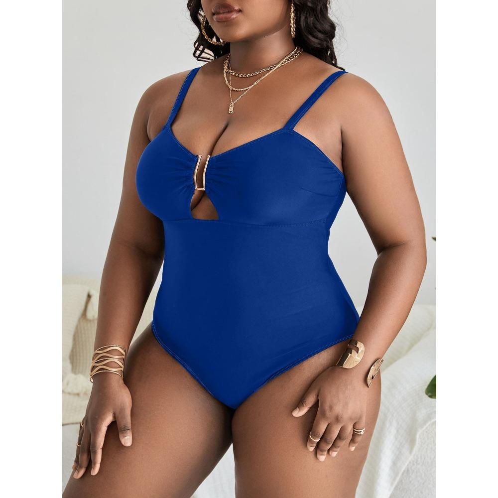 

Европейский и американский новый большой размер однотонный полый тонкий тонкий спинка интегрированный купальник сексуальный бикини женщины 1XL сапфировый