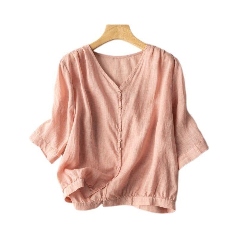 Women Summer New Retro Literary Style Linen Blend V Neck Half Sleeve Casual Simple Blouse