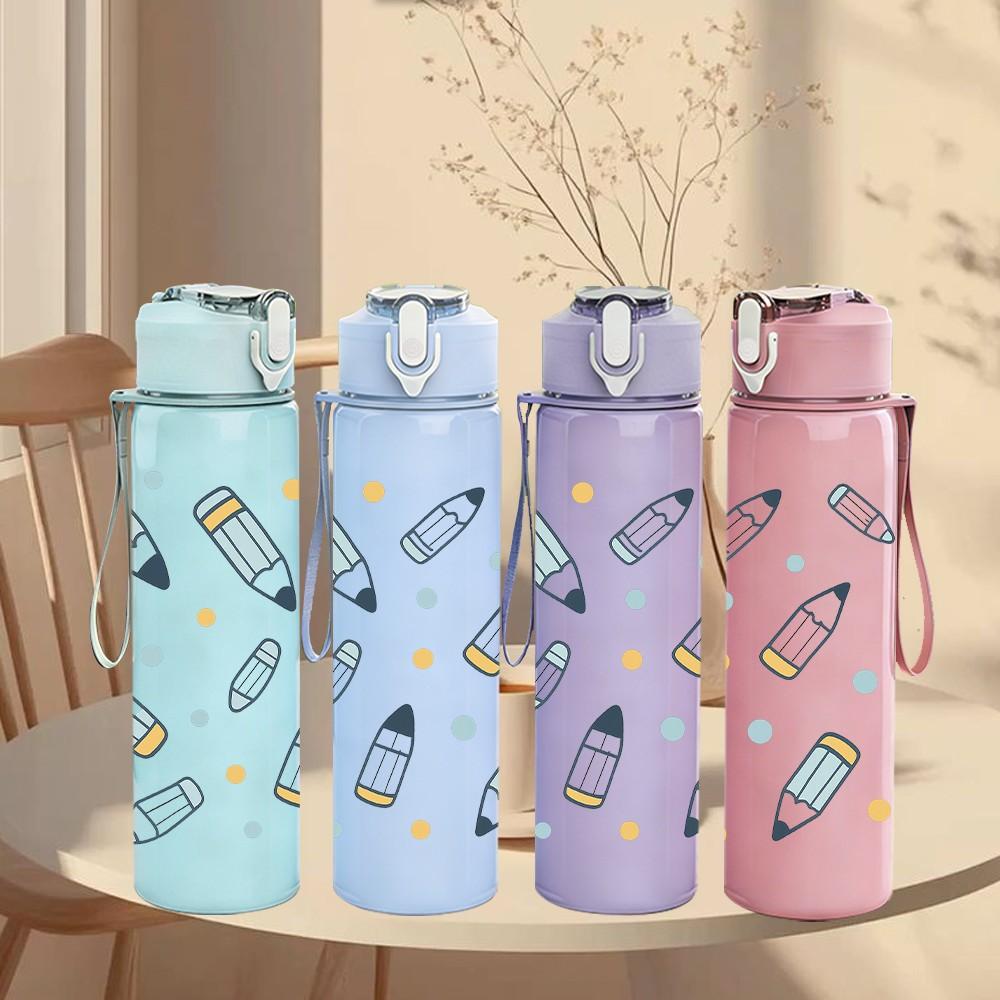 1PC Pen Pencil Stationery Doodle Pattern 750ml Color Plastic Sports Water Bottle Leakproof Flip Straw Lid Suitable for Sports Office Home Use