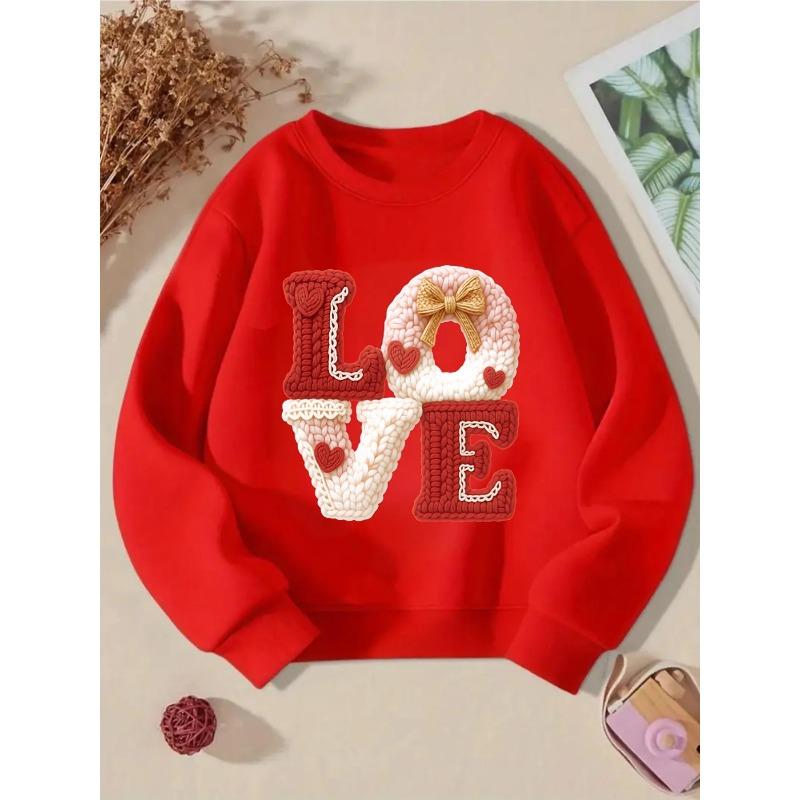 Kids Crewneck Sweatshirt, Knitted Love Letter Heart Print, Soft Comfort Long Sleeve Pullover