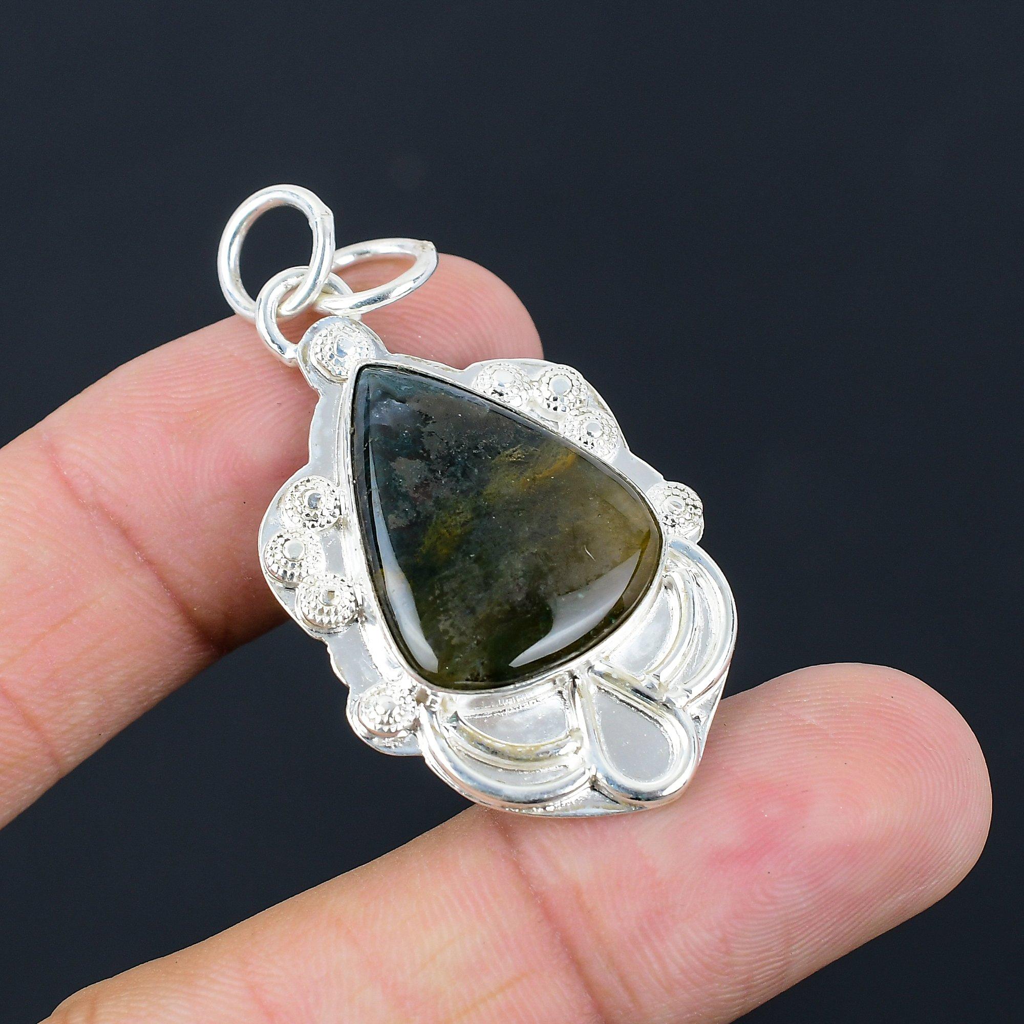 

Friendship Day Sale Natural Solar Moss Agate 925 Sterling Silver Pendant Jewelry