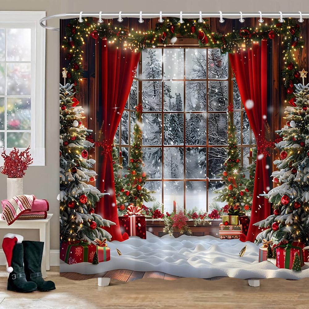 

Рождественские украшения Душевая занавеска Зимняя снежная сцена Рождественская елка Рождественские подарки Полиэстер Душевая занавеска Декор для ванной комнаты 180x200cm