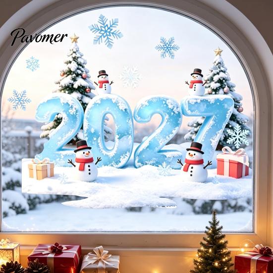 Holiday Glass Stickers 2027 Christmas Winter Window Cling, Static Sticker with Snowman, Bathroom Decoration Tree, Snowfalke, Removable Waterproof Door