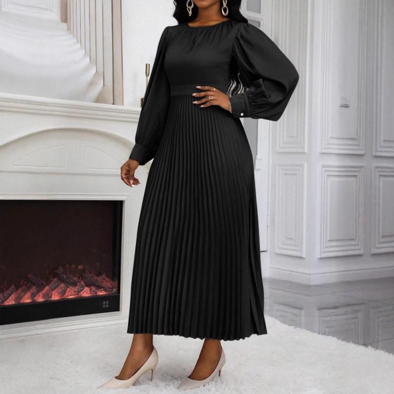 European & American Style Waist-Cinching Solid Color Pleated Dress - Loose Fit, Long-Sleeved, Summer Collection for Women