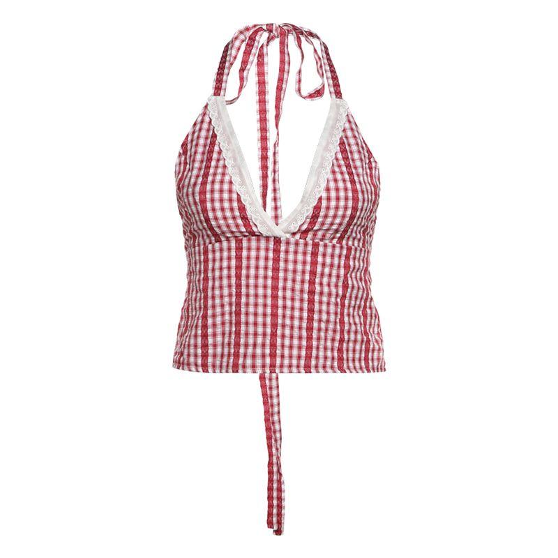 

# Sisjuly# Sweet Raspberry Baby Plaid Lace Edge Beauty Back Cami Bubble Shorts Set Women Summer Red sling(K25L76504) L