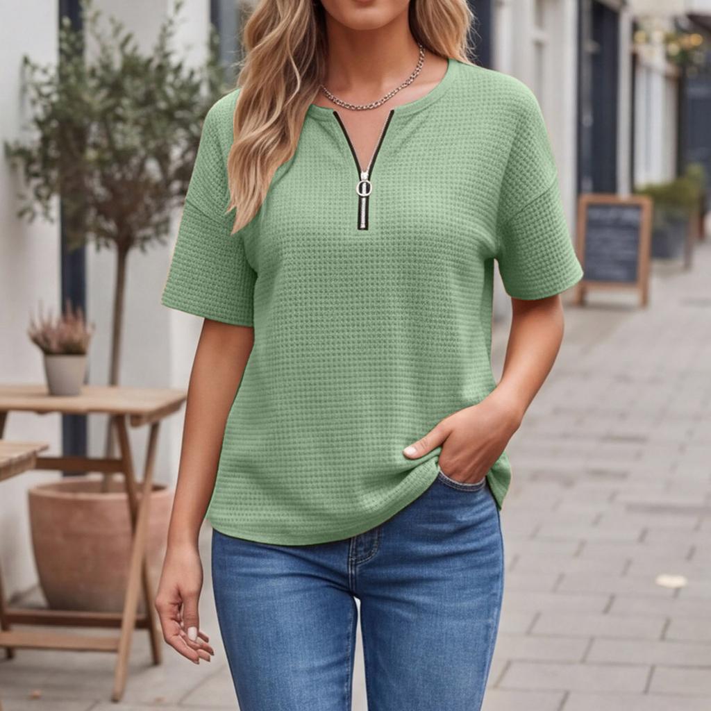 Women Casual Short Sleeve Pullover Top Waffle Knit Fabric Half Zip Front Loose Fit Lightweight Shirt
