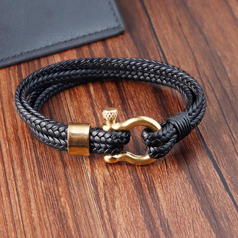 Vintage Double Layer Horseshoe Buckle Leather Rope Bracelet Men Personality Leather Bangle
