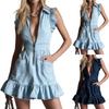 Ladies' Fashionable Ruffled Sleeveless Zipper Lapel Pocket Denim Dress