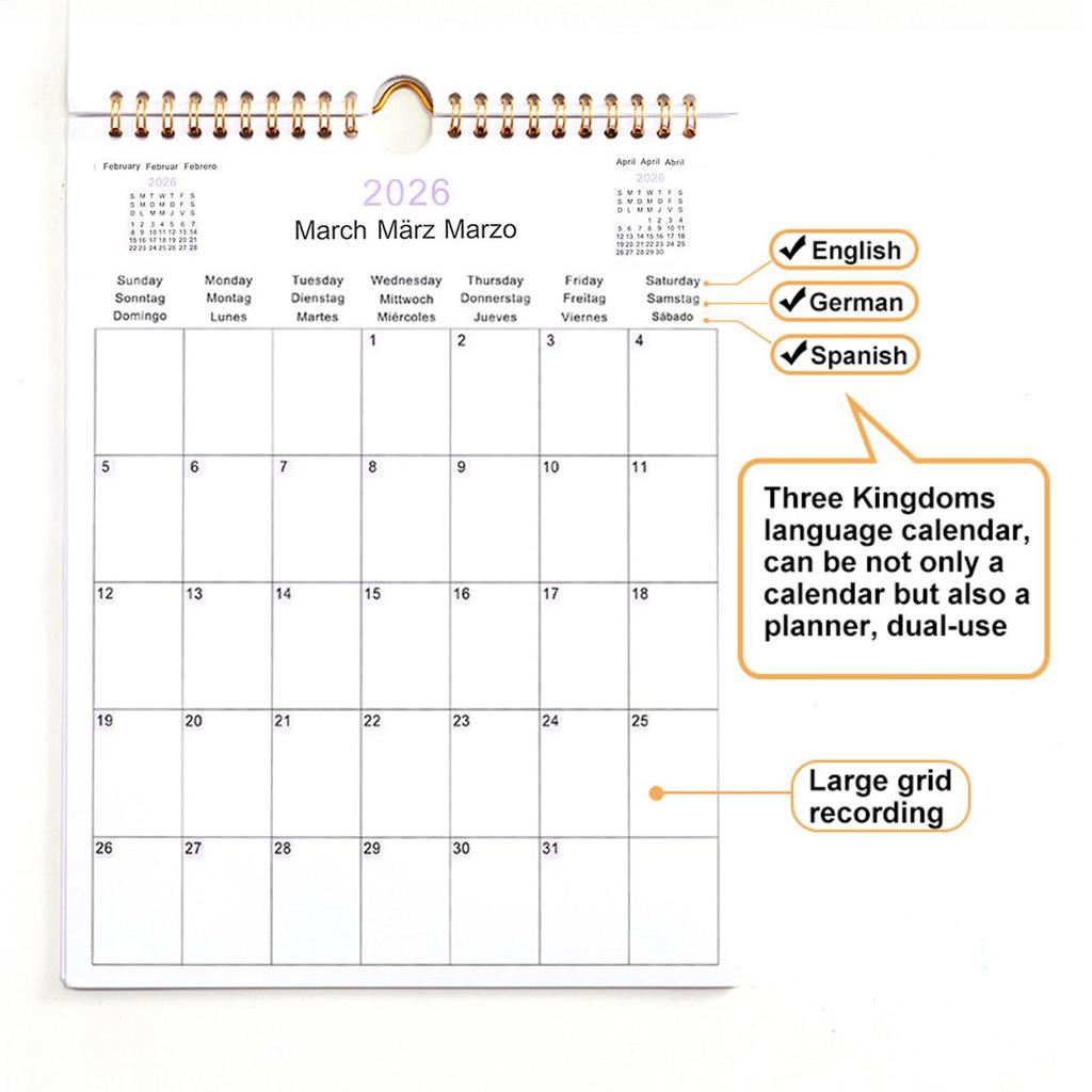 2026 Multilingual Wall Calendar 12 Month Coil Planner Modern Decorative Bedroom Dormitory Apartment School Workplace Supplies