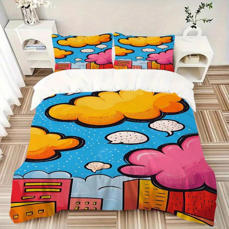3Pcs Comic Book Clouds Printed Bedding Set, Breathable And Soft, Machine Washable, Christmas Gift, Suitable for Bedroom Decoration, 15200
