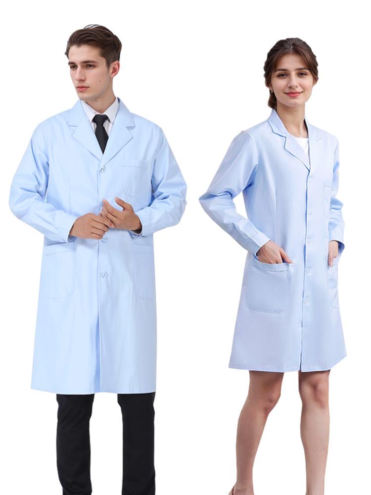 Men's and Women's Short Sleeve White Coat & Long Sleeve Thick Blue Doctor's Coat with Elastic Cuffs for Lab, Physician, and Nurse Workwear.