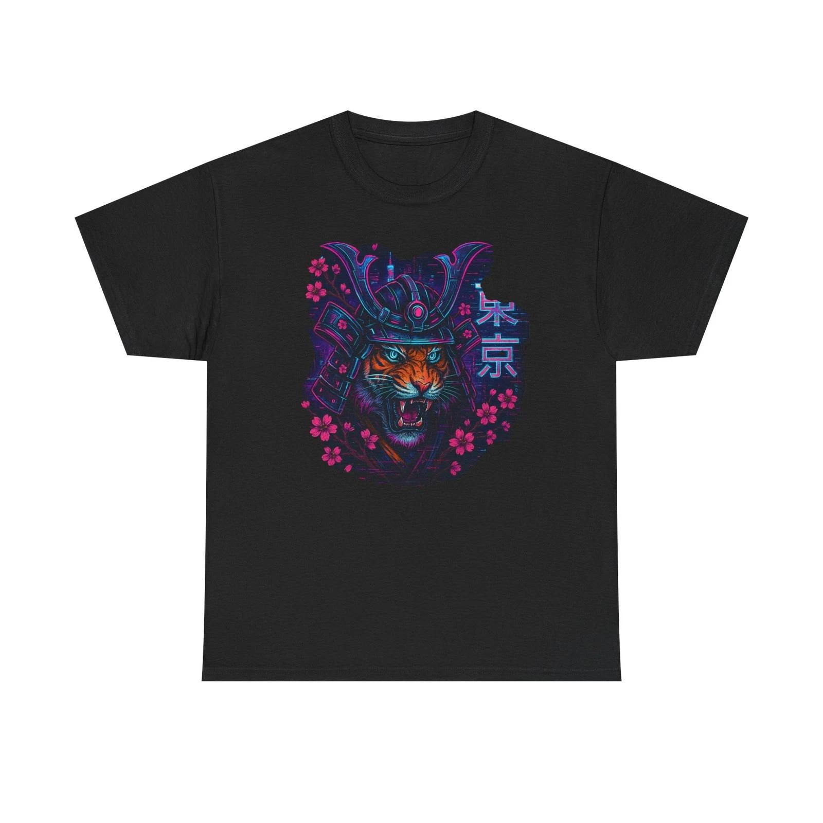 Bold Cyberpunk Samurai Tiger Cotton Tee, Graphic Streetwear,Japanese Art Style L