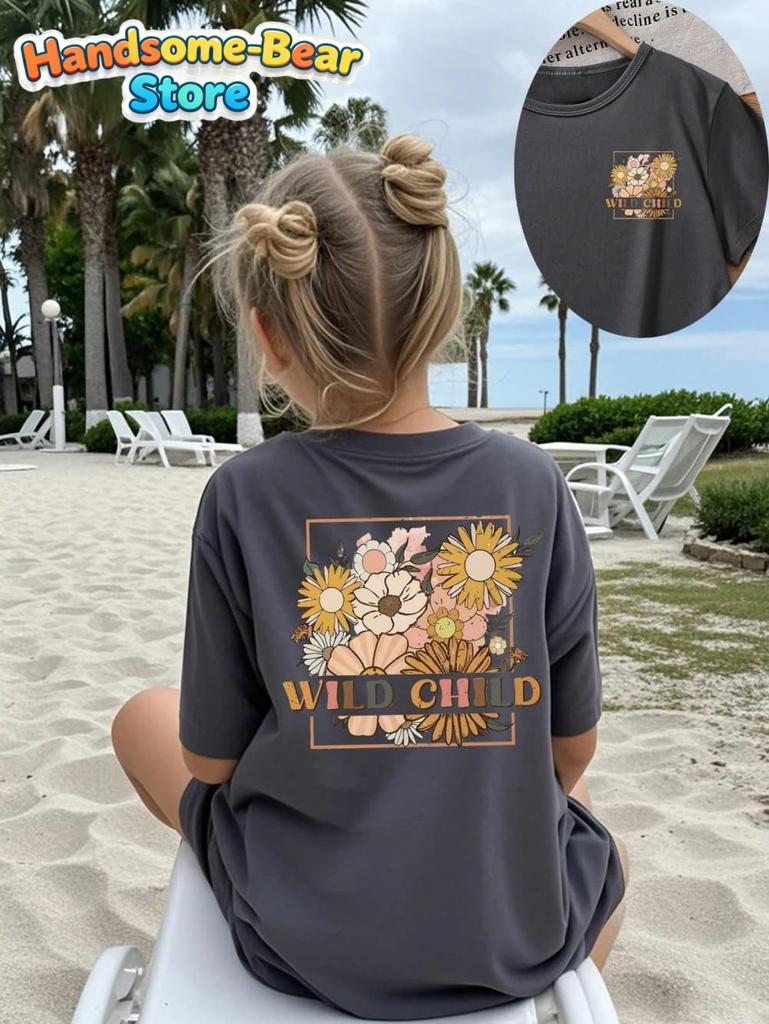 Boho Wildflower Happiness Blooms from Within Girls T-Shirt Summer Kids Short Sleeve Streetwear Casual Round Neck Girls Clothes