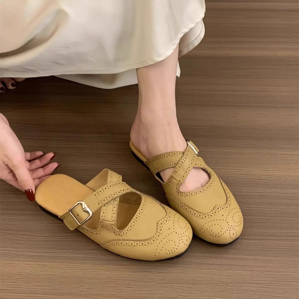 Niche Retro Round Head Flat-bottomed Bag Head Slippers Women's Summer Wear British Brock Cross Strap Lazy Half-tray Sandals