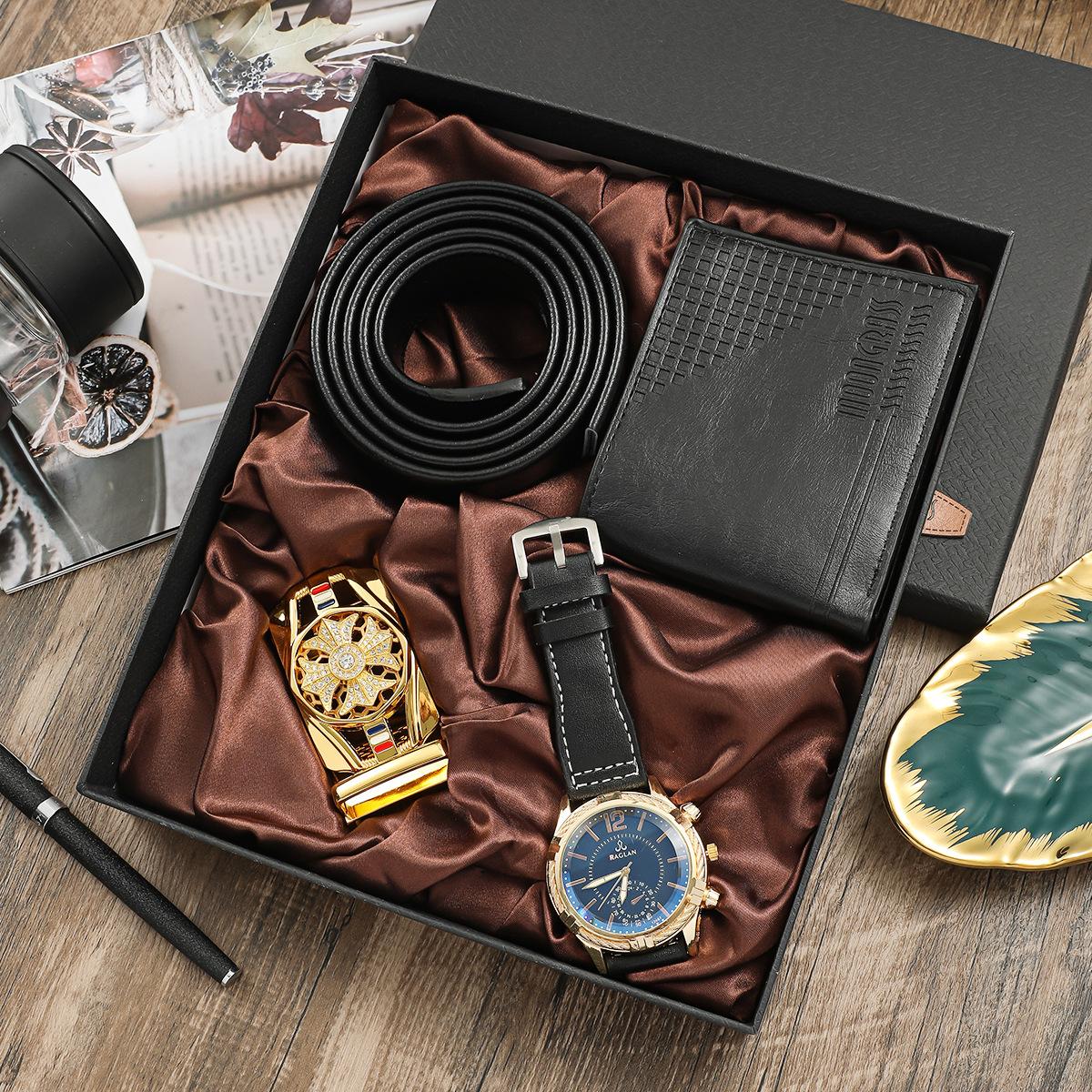 

J Высококачественные мужские часы, подарочный набор + деловые универсальные часы + кошелек + ремень + пряжка на ремне, элитный набор