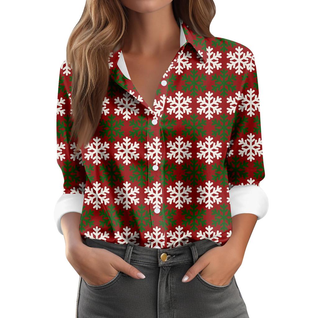 Women's Shirt Blouse Christmas Print Button Long Sleeve Casual Basic Shirt Collar Regular Top