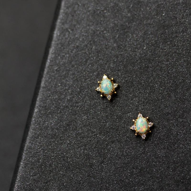 S925 Sterling Silver 14K Gold-Plated Earrings with Opal and Zircon, Japanese Style Retro Versatile Design for Women.