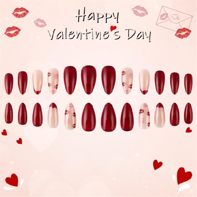 24 Pcs Valentines Day Press On Nail French Tip False Nail Almond Full Cover Stick on Nail Lip Print Acrylic Nail