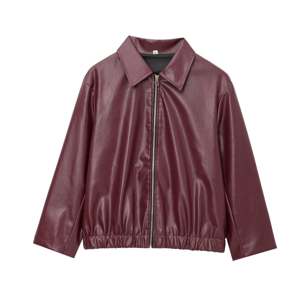 Wine Red Faux Leather Jakcet Fashion Outerwear Thicken Zipper Lapel Pu Coats Autumn Winter Streetwear Ladies Tops Women