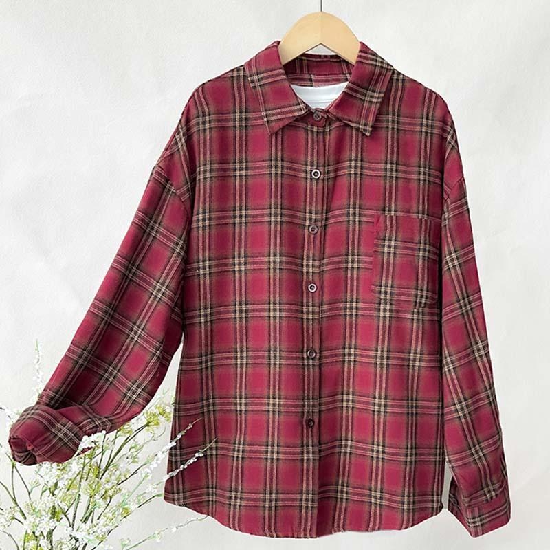 Frühling und Herbst neues Retro-Langarm-Freizeithemd Koreanischer Temperament fauler Stil lockeres und dünnes Revers kariertes Hemd