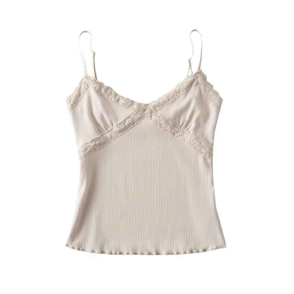 Summer 2023 Lace Trim V-Neck Stretchy Bodycon Camisole Tank Top for Women