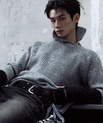 LANARCHIVE [0091] Shoulder Zip-Up Ribbed Knit - Gray