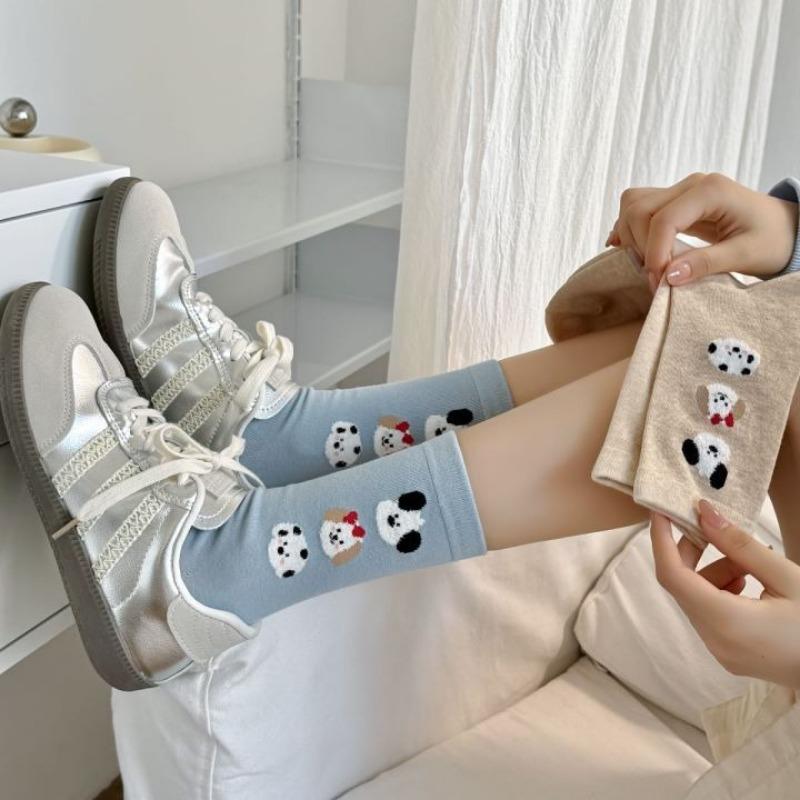 Boneless Cute Socks, Women's Mid-calf Cotton Socks, Spring and Autumn Flocked Bear Long Socks, Cartoon Pile Socks