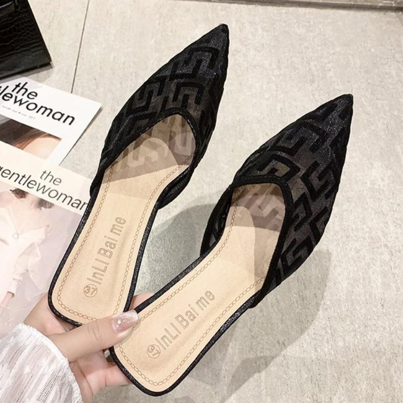 Fashion Women Mesh High Heels Temperament Sandals Female Summer Pointed Toe Party Thin Heeled Slippers Ladies Brand Design Slip on Shoes