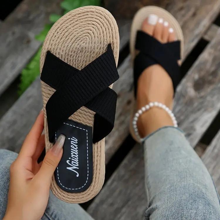 Fashion Women Slippers Open Toe Wedge Slippers 2025 New Retro Anti-slip Sandals Casual Lightweight Flat Shoes Women Home Slides Women