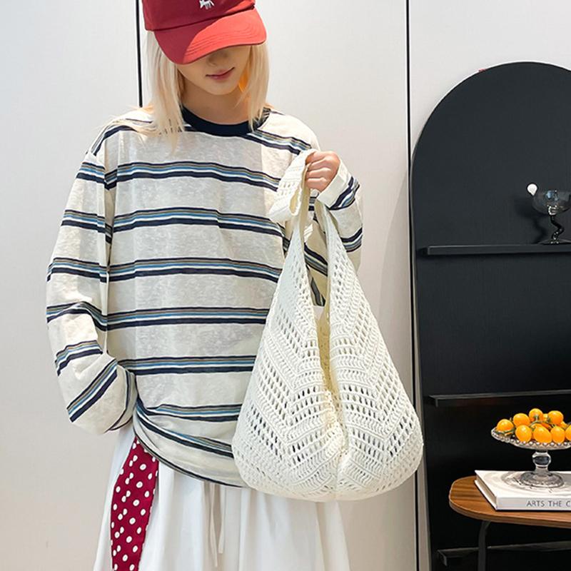 Yogodlns Casual Knitted Tote Bag Women's Summer Fashion Basket Weave Hollow Out Large Capacity Shoulder Bag for Daily Use