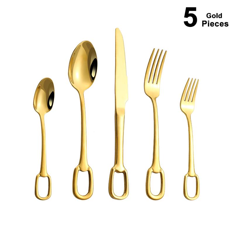 Set di Posate di Lusso da 5 Pezzi Coltello Forchetta Cucchiaio in Acciaio Inossidabile Set di Posate Elegante Set di Stoviglie Design Appendibile Logo Personalizzabile