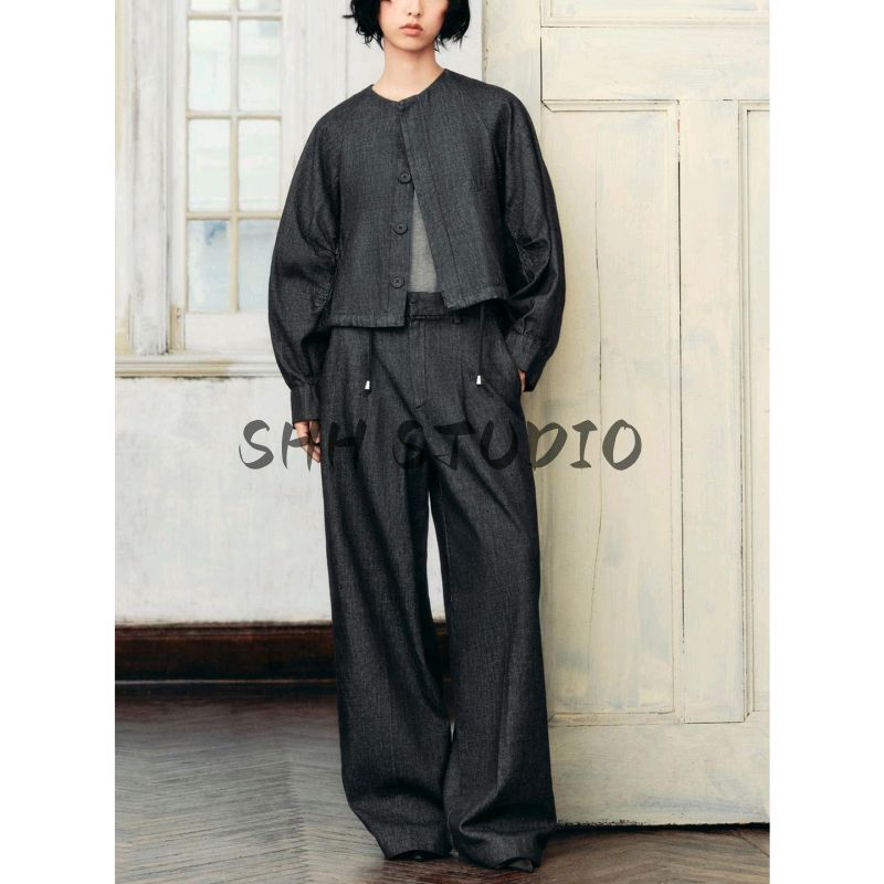 Denim Fluffy Pilot Jacket 5216260 Loose Wide Leg Denim Denim Mid Waist Pleated Pants 9632257
