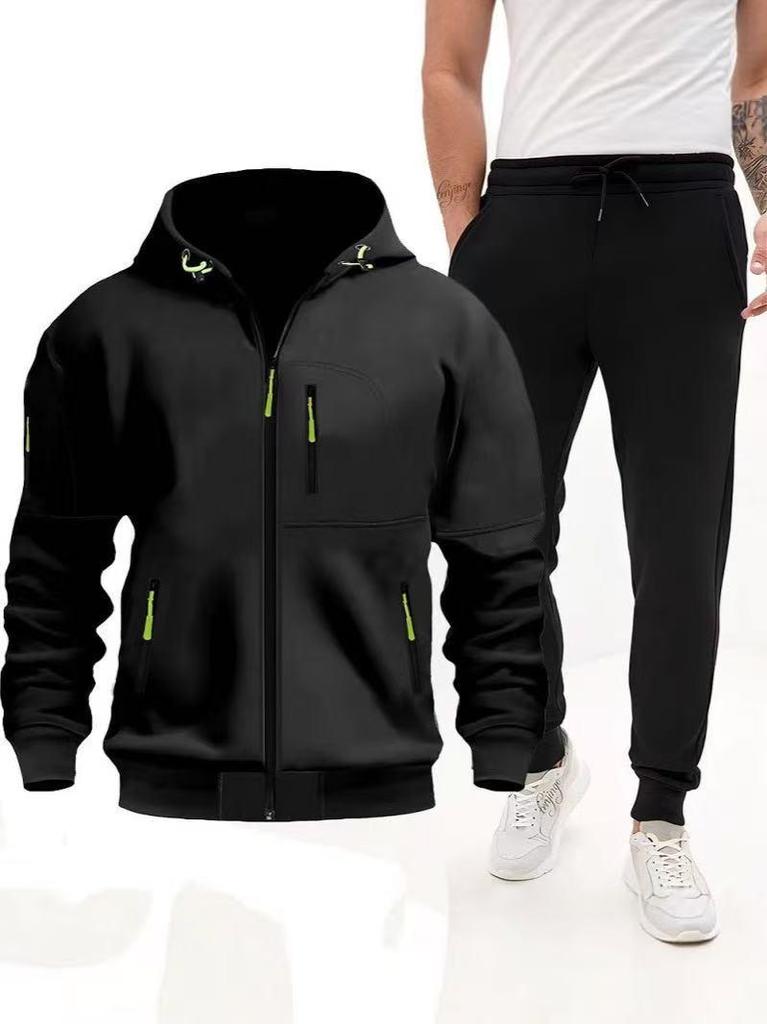 2025 Men's Plus Size Hooded Zip-Up Sports Hoodie & Jogger Set for Autumn/Winter