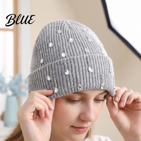 Holiday Gift for Women Waterdrop Rhinestone Knit Hat, Bling Stretchy Winter Cuffed Knitted Stylish Hat Skull Cap Men Cold Weather Daily Wear