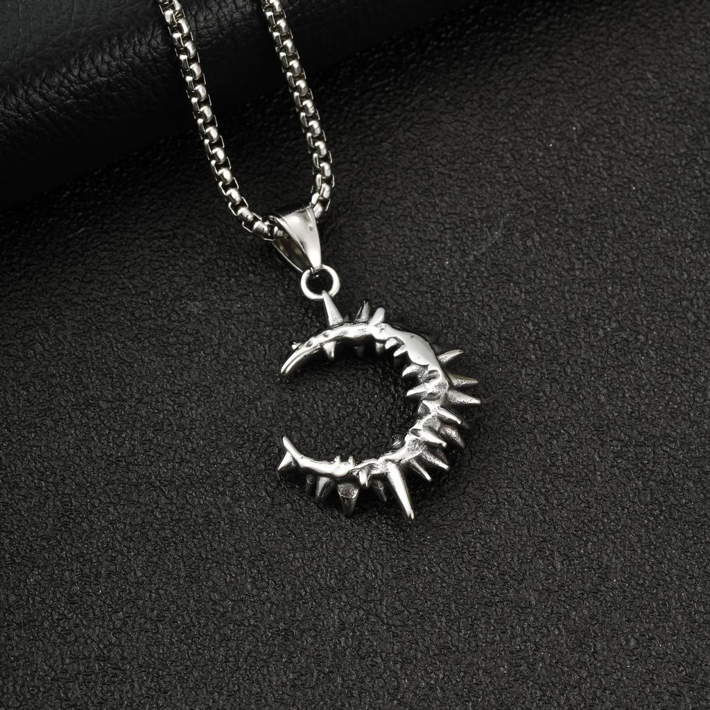 Xiaomi Vnox Spine Moon Pendant Necklace for Men, Stainless Steel Gothic Spiked Crescent Chain, Hip Hop Punk Birthday Party Jewelry Gift