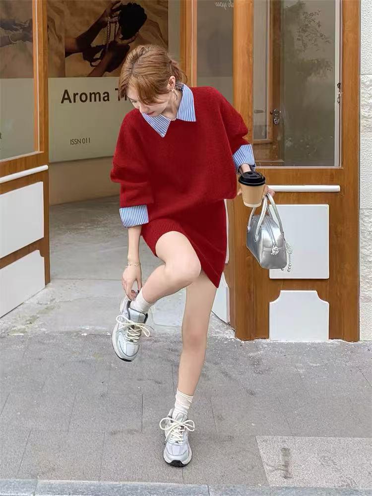 Women's Color Block Two-Piece Shirt Collar Sweater - Lazy Style Autumn Grey Knitwear Set