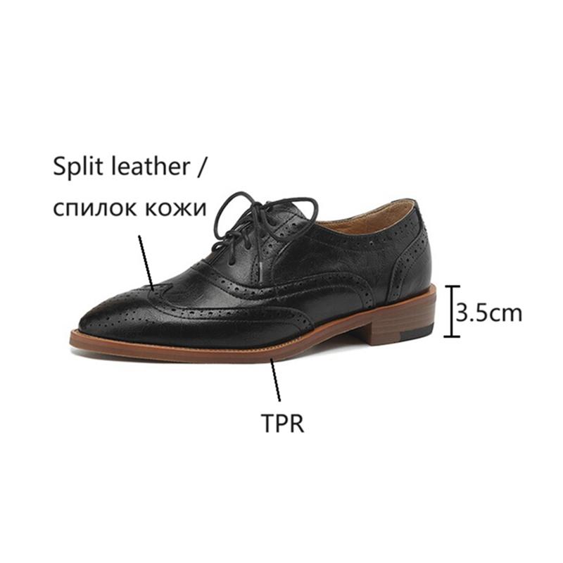 Mode NY Vår/Höst Dam Oxfords Delat Läder Skor för Damer Brogues Vintage Snörning Loafers Handgjorda Svarta Extra Stora Skor