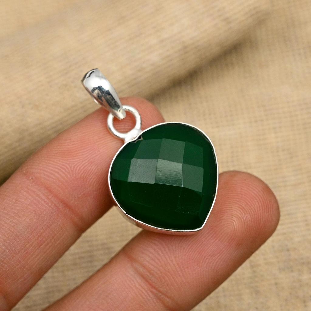Zielony Onyks Kamień Szlachetny Ręcznie Robiony 925 Srebro Próby Biżuteria Wisiorek Dla Kobiet