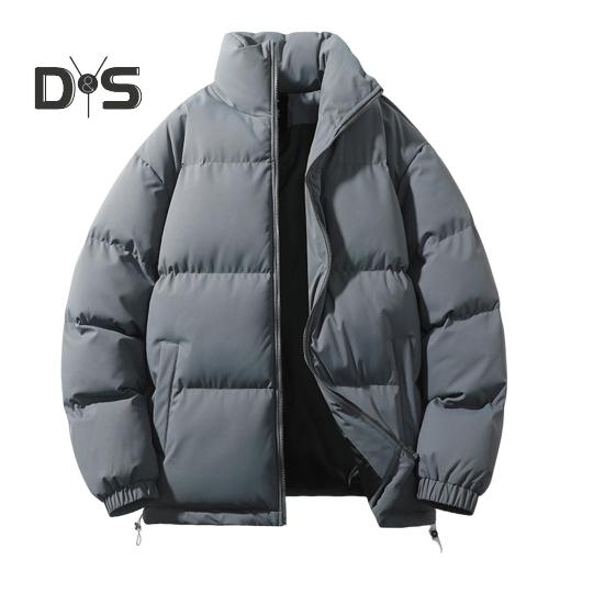 Women Men Cotton Coat Stand Collar Long Sleeve Drawstring Hem Puffer Jacket with Pockets Loose Fit Warm Winter Outerwear