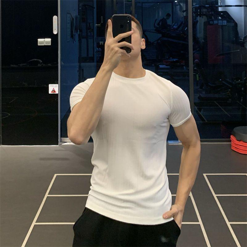 Ice Silk High Elastic Quick-drying Sports Short-sleeved Solid Color Fitness Clothes Men's Tight Round Neck T-shirt